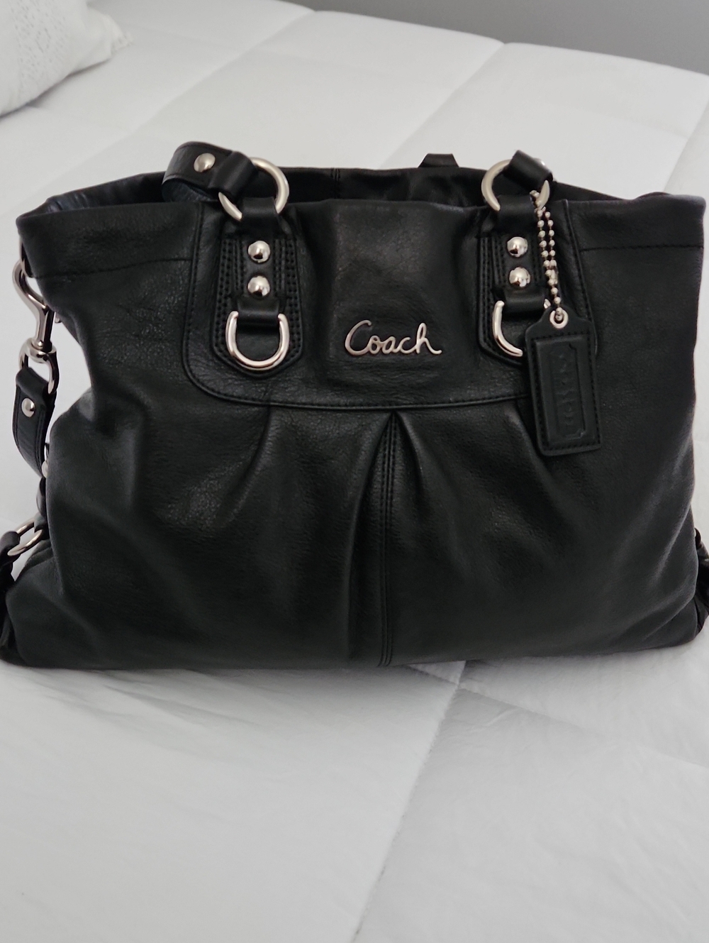 Coach Black Leather Tote with Silver Hardware